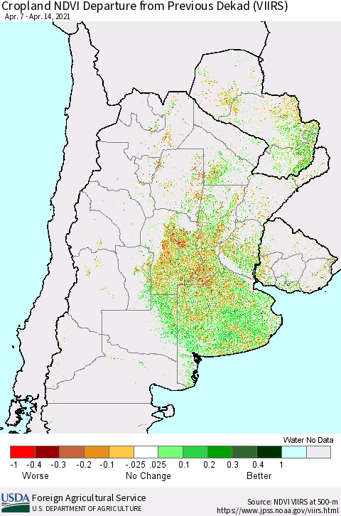 Southern South America Cropland NDVI Departure from Previous Dekad (VIIRS) Thematic Map For 4/11/2021 - 4/20/2021
