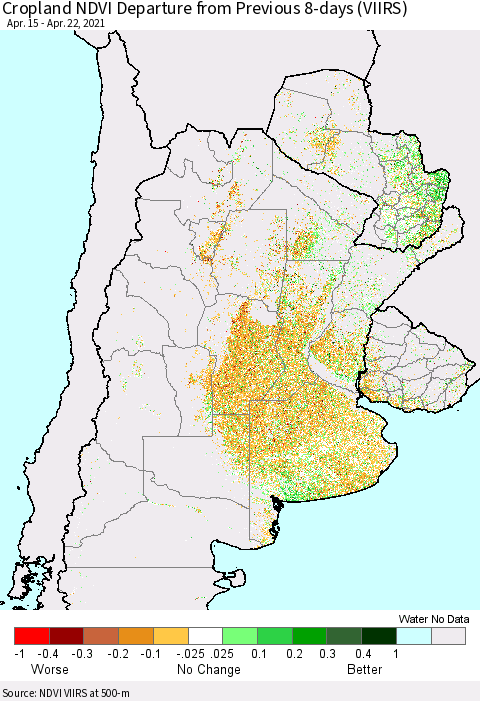 Southern South America Cropland NDVI Departure from Previous 8-days (VIIRS) Thematic Map For 4/15/2021 - 4/22/2021