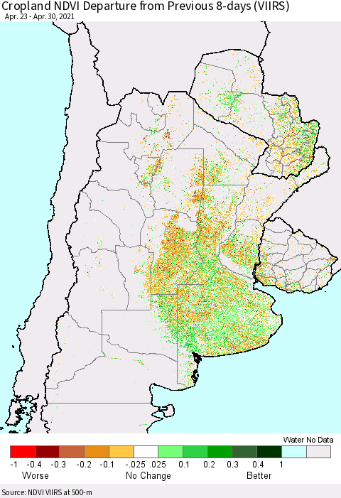 Southern South America Cropland NDVI Departure from Previous Dekad (VIIRS) Thematic Map For 4/21/2021 - 4/30/2021