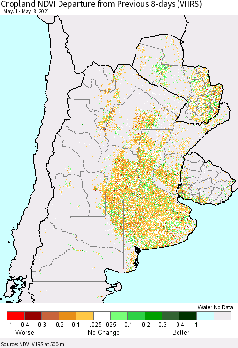 Southern South America Cropland NDVI Departure from Previous 8-days (VIIRS) Thematic Map For 5/1/2021 - 5/8/2021