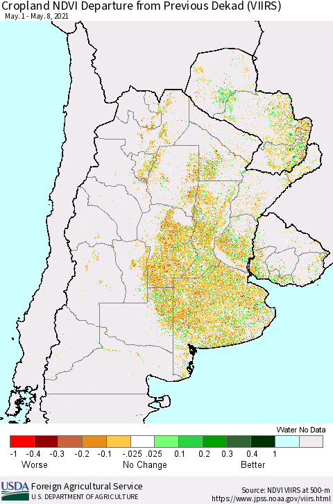 Southern South America Cropland NDVI Departure from Previous Dekad (VIIRS) Thematic Map For 5/1/2021 - 5/10/2021