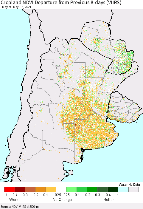 Southern South America Cropland NDVI Departure from Previous 8-days (VIIRS) Thematic Map For 5/9/2021 - 5/16/2021