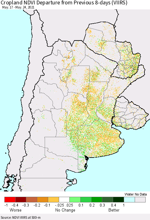 Southern South America Cropland NDVI Departure from Previous 8-days (VIIRS) Thematic Map For 5/17/2021 - 5/24/2021