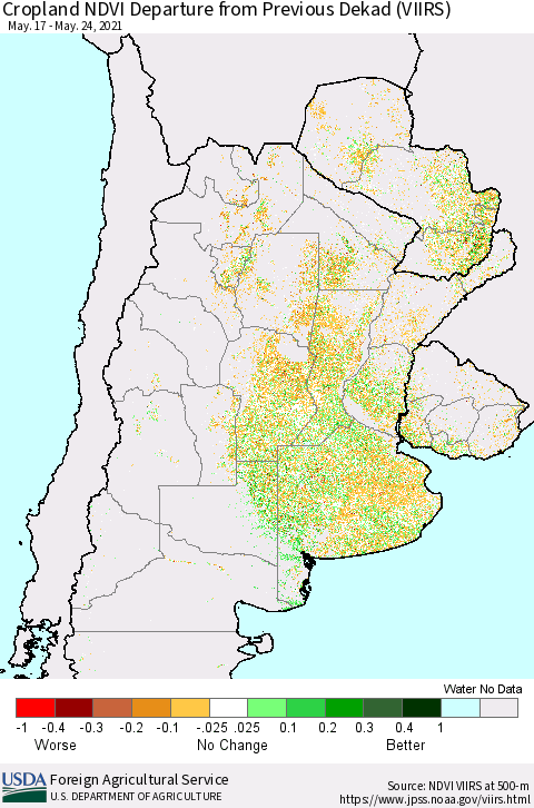 Southern South America Cropland NDVI Departure from Previous Dekad (VIIRS) Thematic Map For 5/21/2021 - 5/31/2021