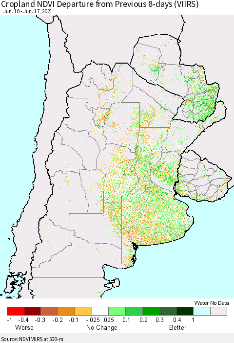 Southern South America Cropland NDVI Departure from Previous 8-days (VIIRS) Thematic Map For 6/10/2021 - 6/17/2021