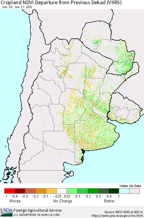 Southern South America Cropland NDVI Departure from Previous Dekad (VIIRS) Thematic Map For 6/11/2021 - 6/20/2021