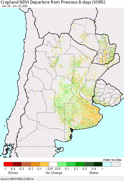 Southern South America Cropland NDVI Departure from Previous 8-days (VIIRS) Thematic Map For 6/18/2021 - 6/25/2021