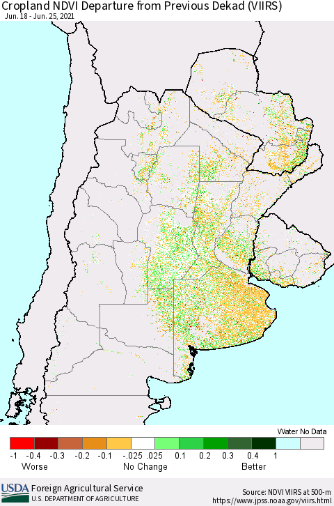 Southern South America Cropland NDVI Departure from Previous Dekad (VIIRS) Thematic Map For 6/21/2021 - 6/30/2021