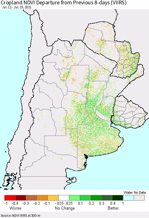 Southern South America Cropland NDVI Departure from Previous 8-days (VIIRS) Thematic Map For 7/12/2021 - 7/19/2021