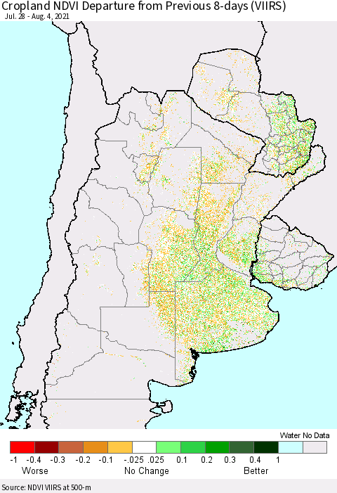 Southern South America Cropland NDVI Departure from Previous 8-days (VIIRS) Thematic Map For 7/28/2021 - 8/4/2021