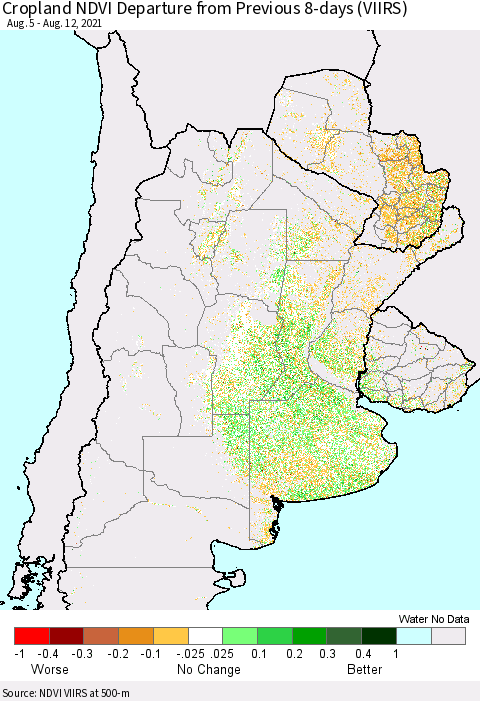 Southern South America Cropland NDVI Departure from Previous 8-days (VIIRS) Thematic Map For 8/5/2021 - 8/12/2021
