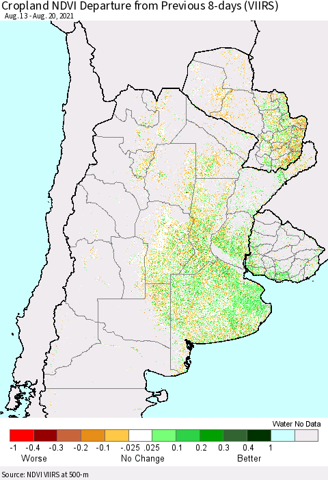 Southern South America Cropland NDVI Departure from Previous 8-days (VIIRS) Thematic Map For 8/13/2021 - 8/20/2021