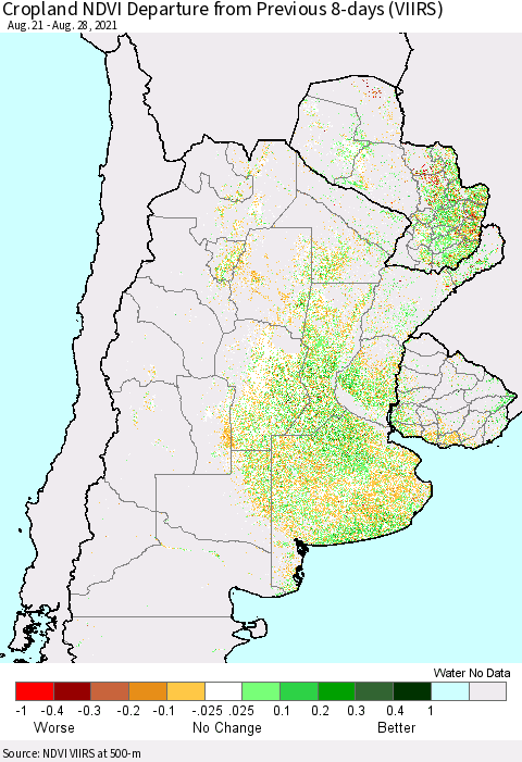 Southern South America Cropland NDVI Departure from Previous 8-days (VIIRS) Thematic Map For 8/21/2021 - 8/28/2021