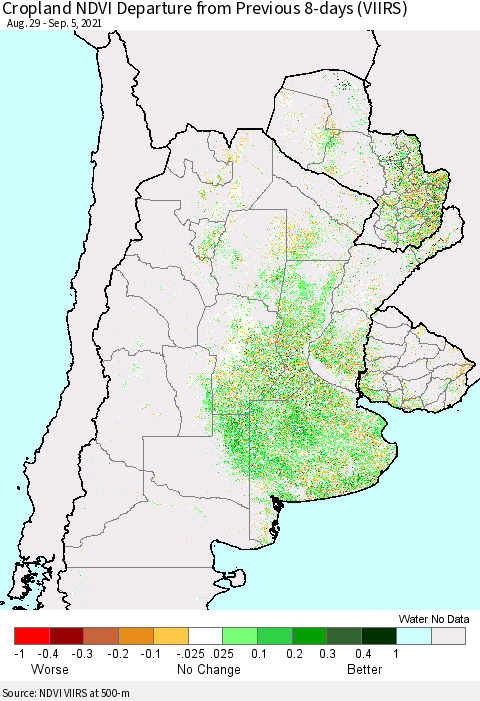 Southern South America Cropland NDVI Departure from Previous 8-days (VIIRS) Thematic Map For 8/29/2021 - 9/5/2021