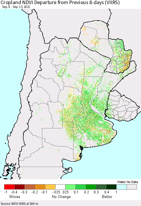 Southern South America Cropland NDVI Departure from Previous 8-days (VIIRS) Thematic Map For 9/6/2021 - 9/13/2021