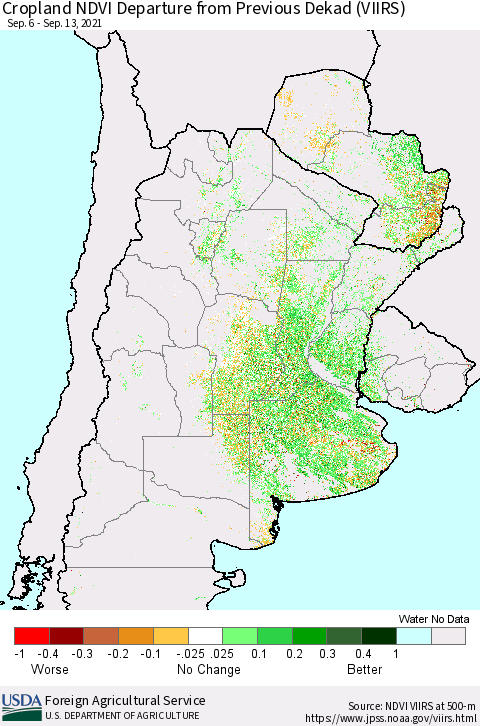 Southern South America Cropland NDVI Departure from Previous Dekad (VIIRS) Thematic Map For 9/11/2021 - 9/20/2021