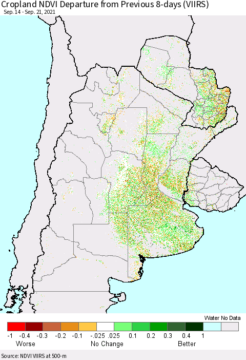 Southern South America Cropland NDVI Departure from Previous 8-days (VIIRS) Thematic Map For 9/14/2021 - 9/21/2021