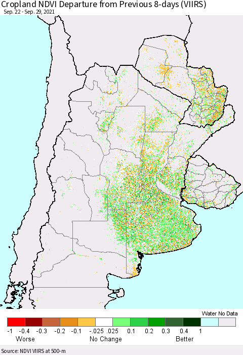 Southern South America Cropland NDVI Departure from Previous 8-days (VIIRS) Thematic Map For 9/22/2021 - 9/29/2021