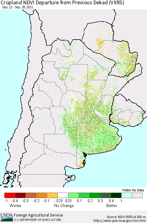 Southern South America Cropland NDVI Departure from Previous Dekad (VIIRS) Thematic Map For 9/21/2021 - 9/30/2021
