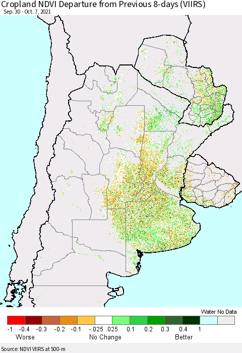 Southern South America Cropland NDVI Departure from Previous 8-days (VIIRS) Thematic Map For 9/30/2021 - 10/7/2021