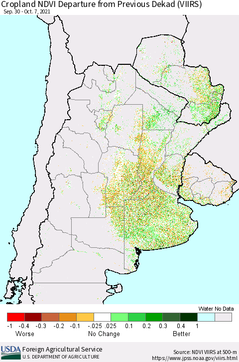Southern South America Cropland NDVI Departure from Previous Dekad (VIIRS) Thematic Map For 10/1/2021 - 10/10/2021