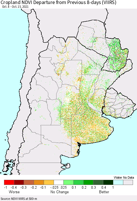 Southern South America Cropland NDVI Departure from Previous 8-days (VIIRS) Thematic Map For 10/8/2021 - 10/15/2021