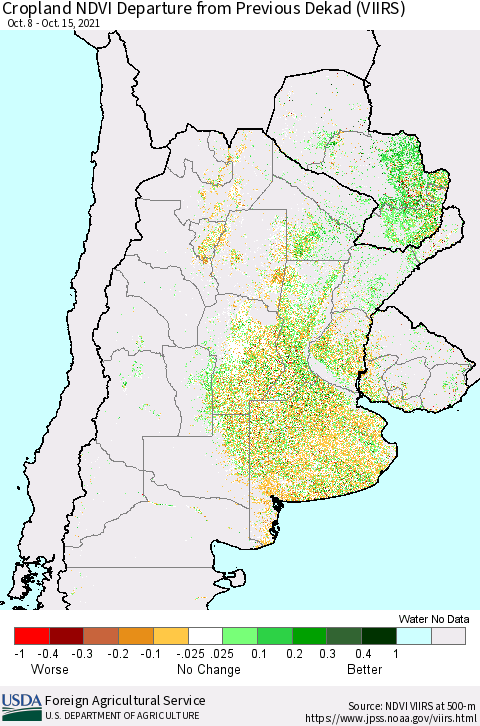 Southern South America Cropland NDVI Departure from Previous Dekad (VIIRS) Thematic Map For 10/11/2021 - 10/20/2021