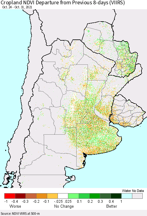 Southern South America Cropland NDVI Departure from Previous Dekad (VIIRS) Thematic Map For 10/21/2021 - 10/31/2021