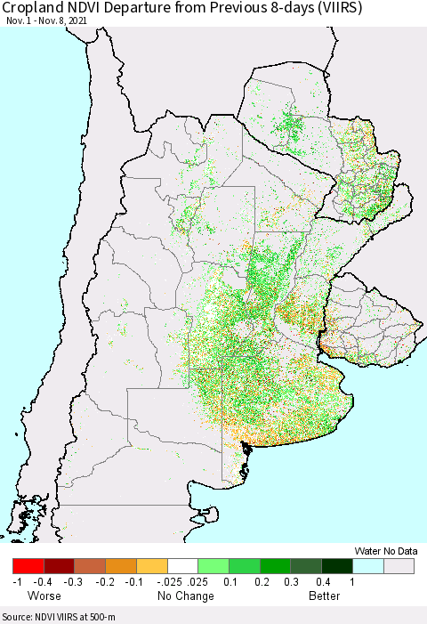 Southern South America Cropland NDVI Departure from Previous 8-days (VIIRS) Thematic Map For 11/1/2021 - 11/8/2021