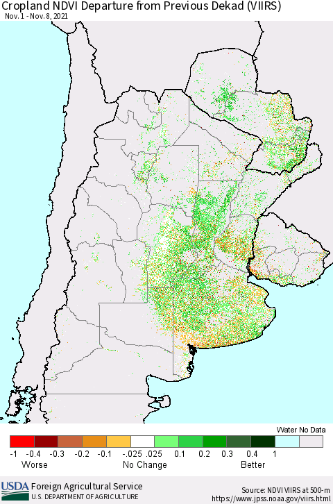 Southern South America Cropland NDVI Departure from Previous Dekad (VIIRS) Thematic Map For 11/1/2021 - 11/10/2021