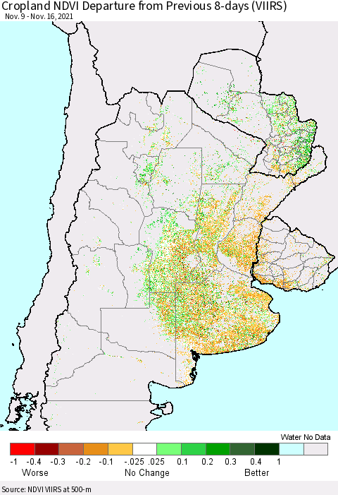 Southern South America Cropland NDVI Departure from Previous 8-days (VIIRS) Thematic Map For 11/9/2021 - 11/16/2021