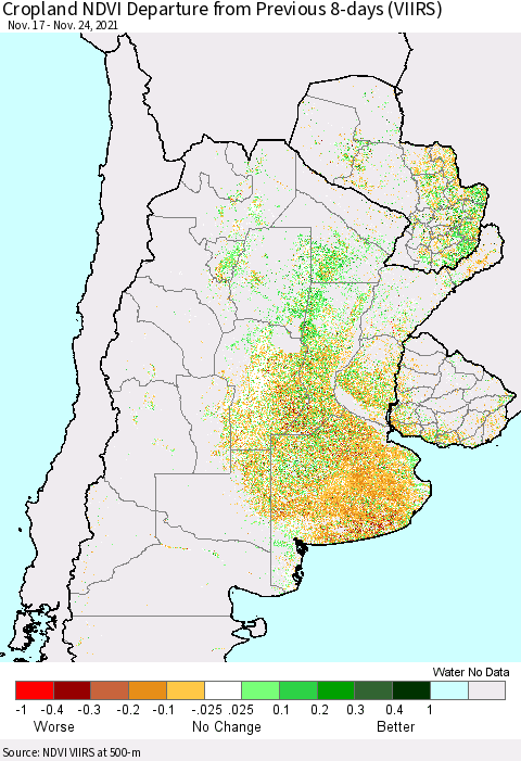 Southern South America Cropland NDVI Departure from Previous 8-days (VIIRS) Thematic Map For 11/17/2021 - 11/24/2021