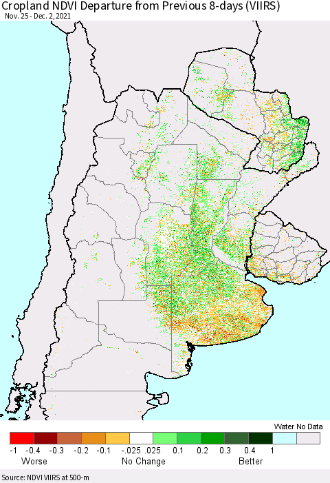 Southern South America Cropland NDVI Departure from Previous 8-days (VIIRS) Thematic Map For 11/25/2021 - 12/2/2021