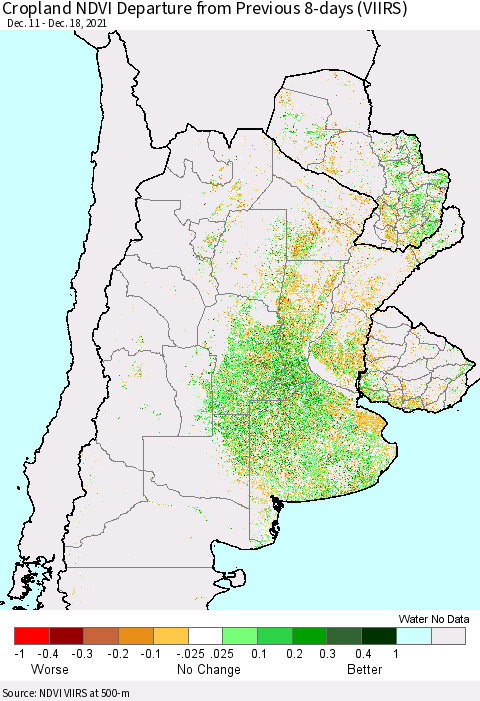 Southern South America Cropland NDVI Departure from Previous 8-days (VIIRS) Thematic Map For 12/11/2021 - 12/18/2021