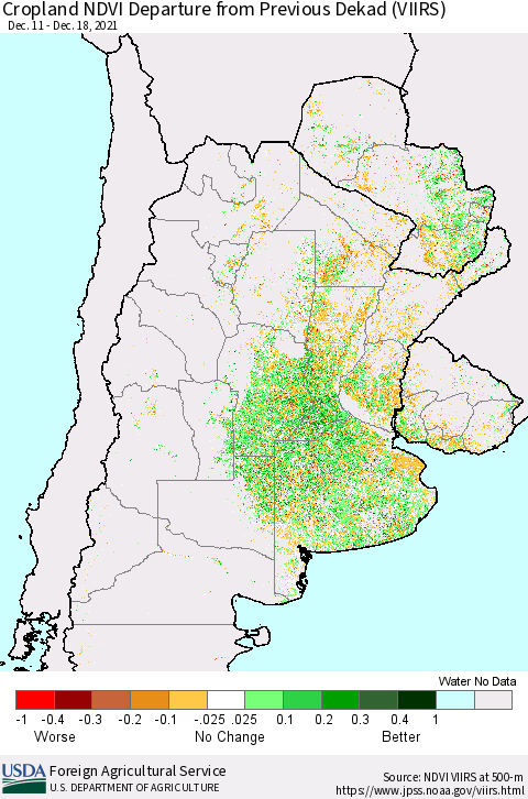 Southern South America Cropland NDVI Departure from Previous Dekad (VIIRS) Thematic Map For 12/11/2021 - 12/20/2021