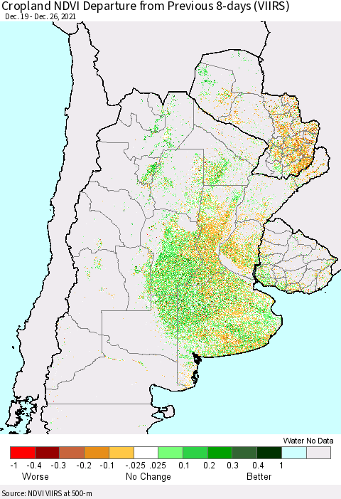 Southern South America Cropland NDVI Departure from Previous 8-days (VIIRS) Thematic Map For 12/19/2021 - 12/26/2021