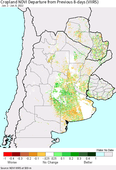 Southern South America Cropland NDVI Departure from Previous 8-days (VIIRS) Thematic Map For 1/1/2022 - 1/8/2022