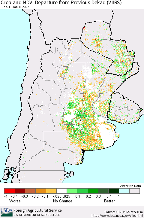 Southern South America Cropland NDVI Departure from Previous Dekad (VIIRS) Thematic Map For 1/1/2022 - 1/10/2022