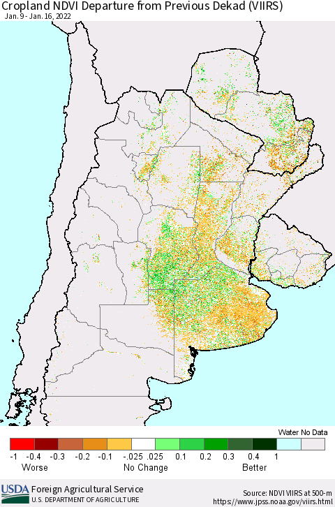 Southern South America Cropland NDVI Departure from Previous Dekad (VIIRS) Thematic Map For 1/11/2022 - 1/20/2022