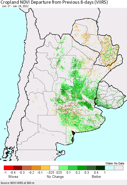 Southern South America Cropland NDVI Departure from Previous 8-days (VIIRS) Thematic Map For 1/17/2022 - 1/24/2022