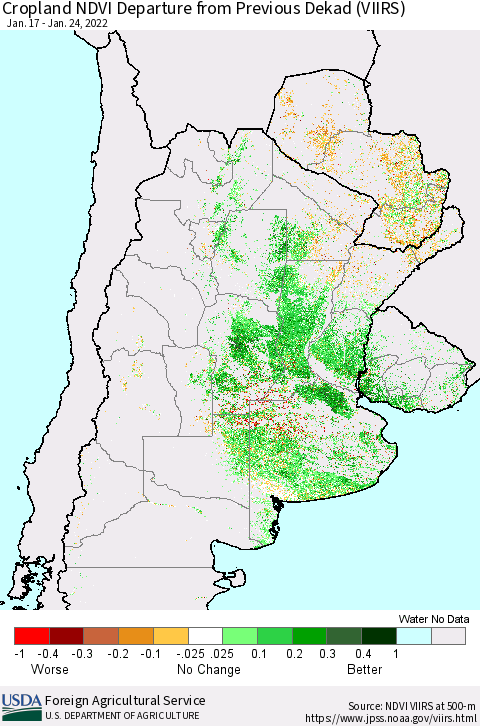 Southern South America Cropland NDVI Departure from Previous Dekad (VIIRS) Thematic Map For 1/21/2022 - 1/31/2022