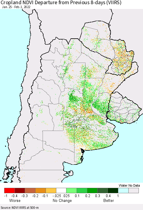 Southern South America Cropland NDVI Departure from Previous 8-days (VIIRS) Thematic Map For 1/25/2022 - 2/1/2022