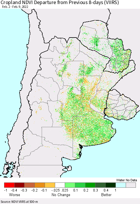 Southern South America Cropland NDVI Departure from Previous 8-days (VIIRS) Thematic Map For 2/2/2022 - 2/9/2022