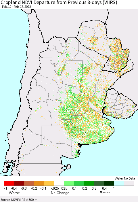 Southern South America Cropland NDVI Departure from Previous 8-days (VIIRS) Thematic Map For 2/10/2022 - 2/17/2022