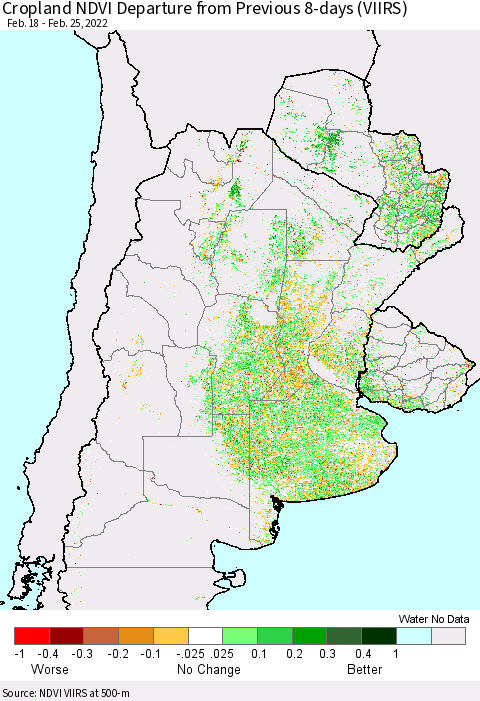 Southern South America Cropland NDVI Departure from Previous 8-days (VIIRS) Thematic Map For 2/18/2022 - 2/25/2022
