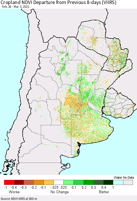 Southern South America Cropland NDVI Departure from Previous 8-days (VIIRS) Thematic Map For 2/26/2022 - 3/5/2022