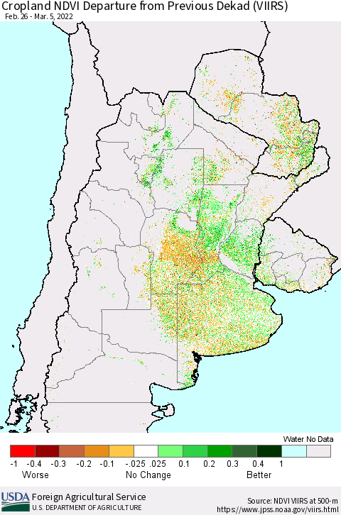 Southern South America Cropland NDVI Departure from Previous Dekad (VIIRS) Thematic Map For 3/1/2022 - 3/10/2022