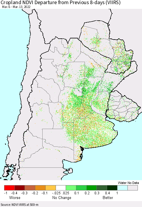 Southern South America Cropland NDVI Departure from Previous 8-days (VIIRS) Thematic Map For 3/6/2022 - 3/13/2022