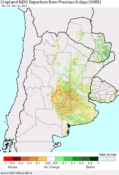 Southern South America Cropland NDVI Departure from Previous 8-days (VIIRS) Thematic Map For 3/14/2022 - 3/21/2022