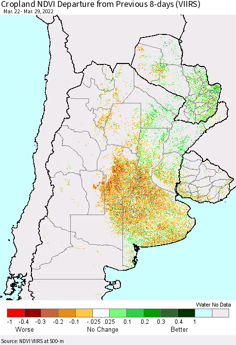 Southern South America Cropland NDVI Departure from Previous 8-days (VIIRS) Thematic Map For 3/22/2022 - 3/29/2022